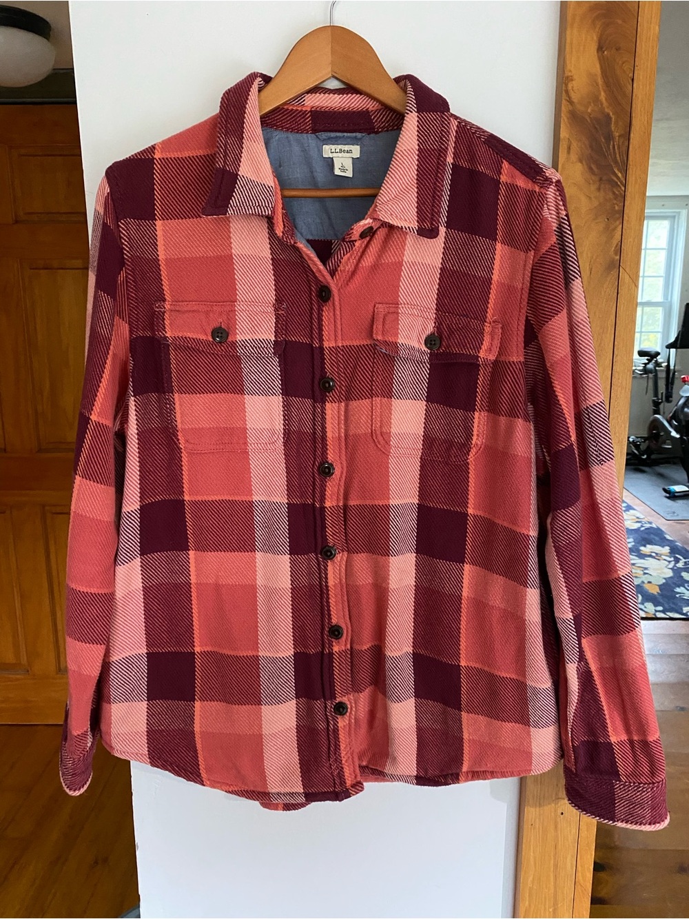 L.L. Bean Women’s Burgundy and Coral Plaid Button-Down Shacket